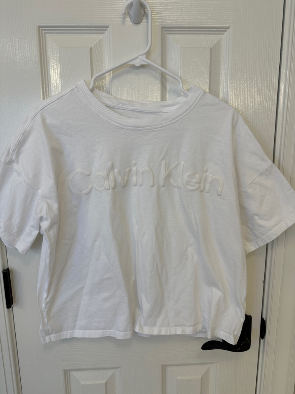 Calvin Klein White Cropped Tee with Embossed Logo